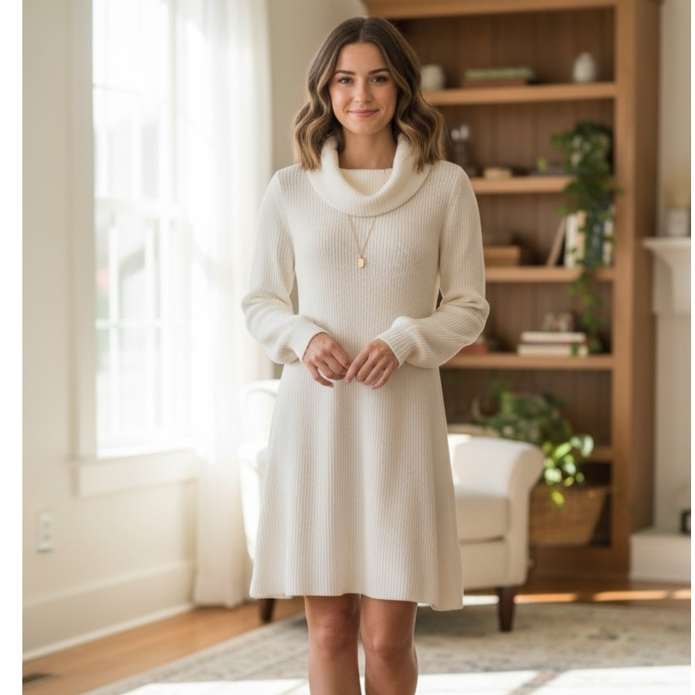 White Cowl Neck Sweater Dress | medium